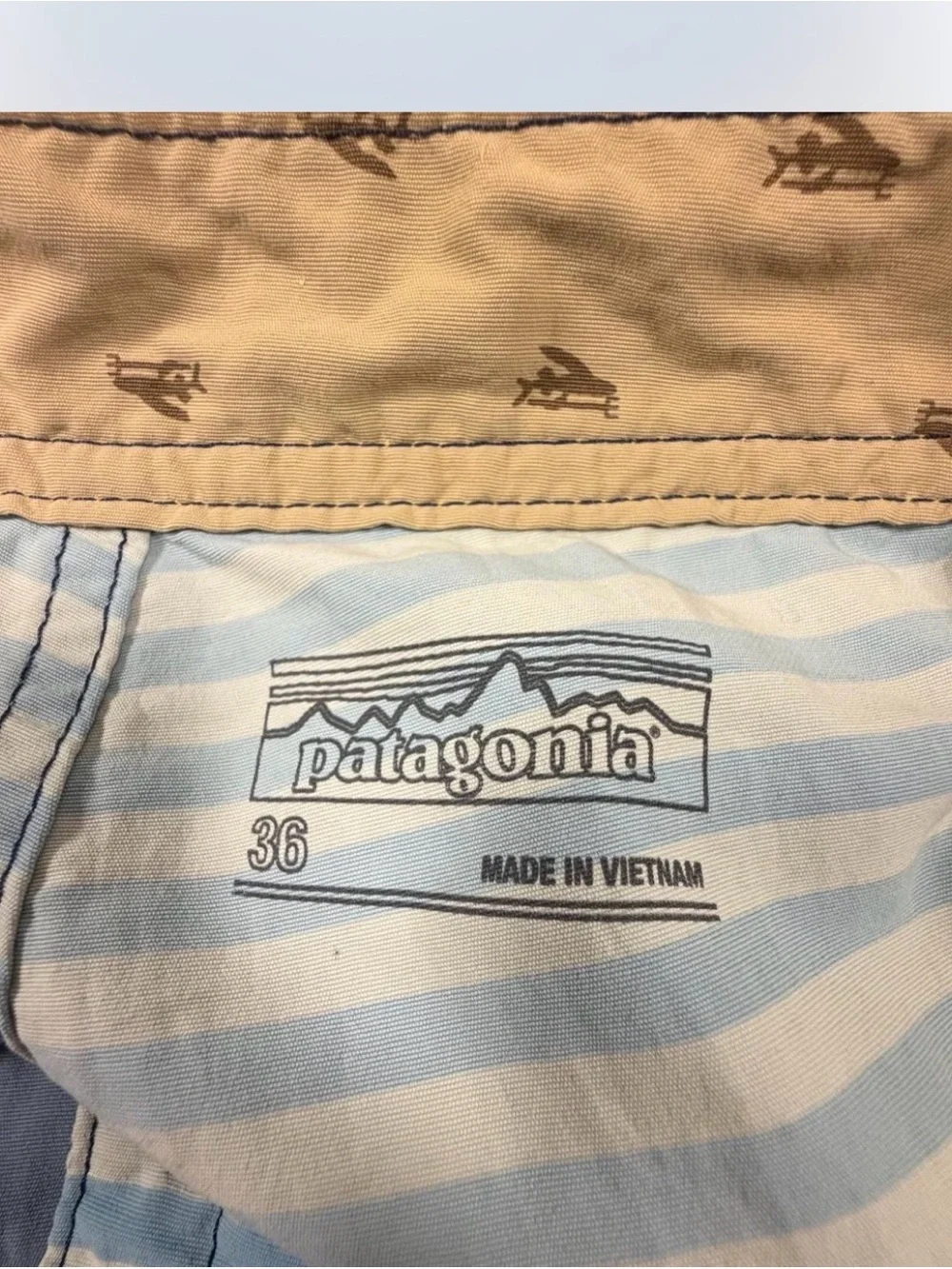 Patagonia Men’s Navy and Cream Striped Board Shorts size 36